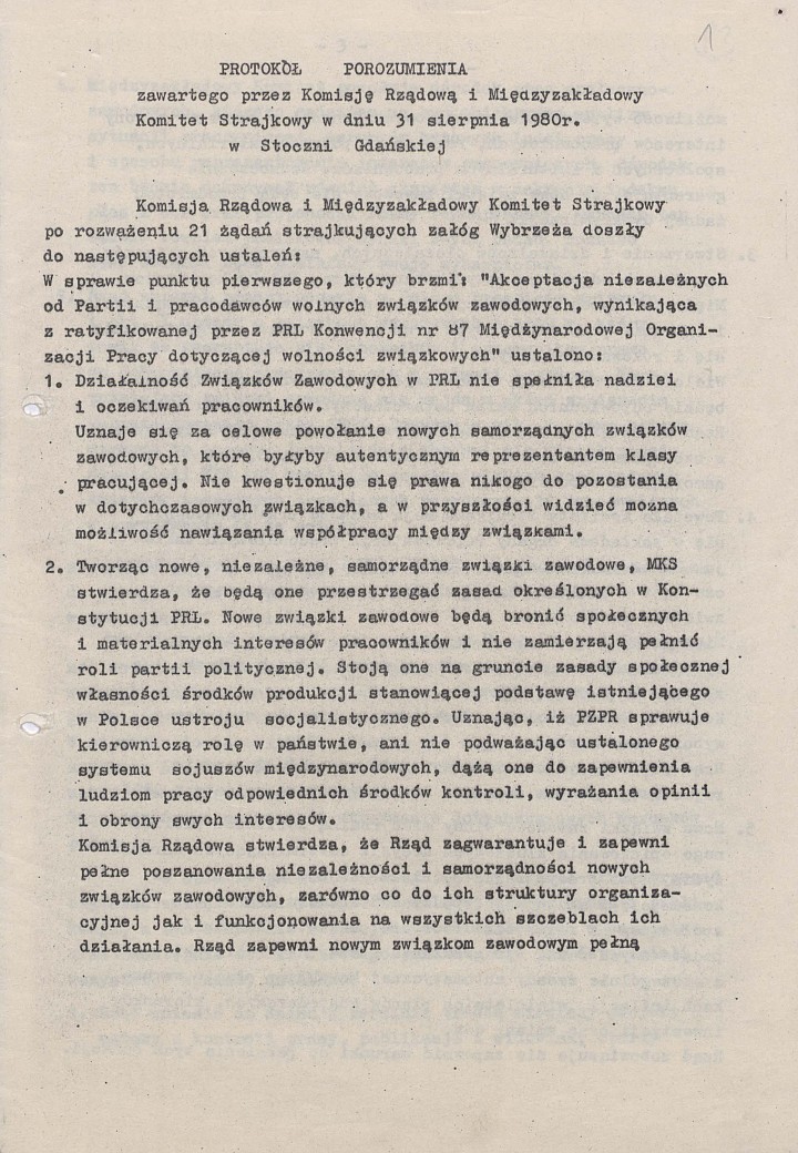 Protokół porozumienia z 31.08.1980 r. w Stoczni Gdańskiej