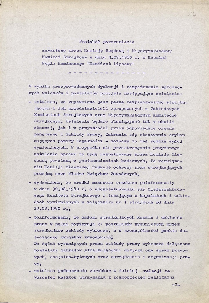Protokół porozumienia z 3.09.1980 r. w kopalni Manifest Lipcowy